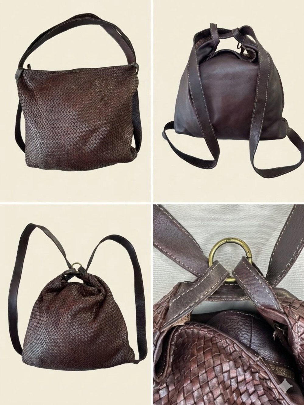 Tulipani Italian Woven Leather Convertible Backpack Shoulder Bag Brown